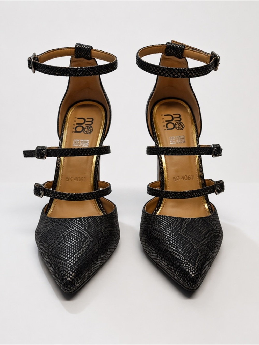 Women's Black Strappy Stiletto Heels Pointed Toe Ankle Strap Buckle Synthetic 7
